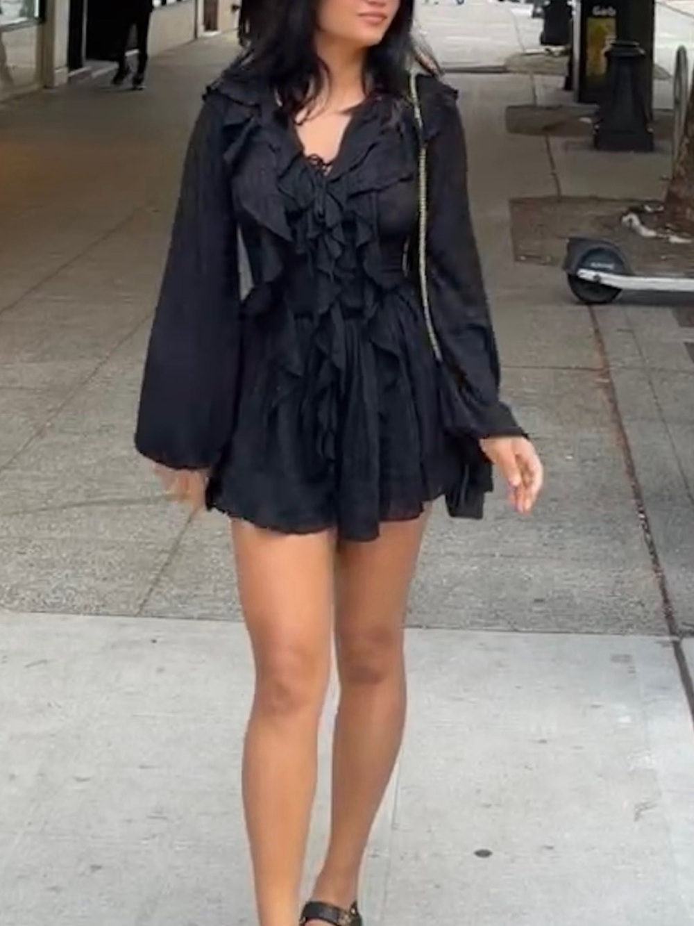 Source Unknown Black Ruffle Long-Sleeve Mini Dress